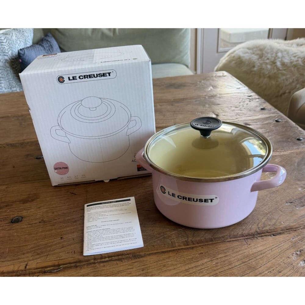 Le Creuset Enamel on Steel Stockpot with glass lid 8 in 3 7/8 qt Satin Pink NEW